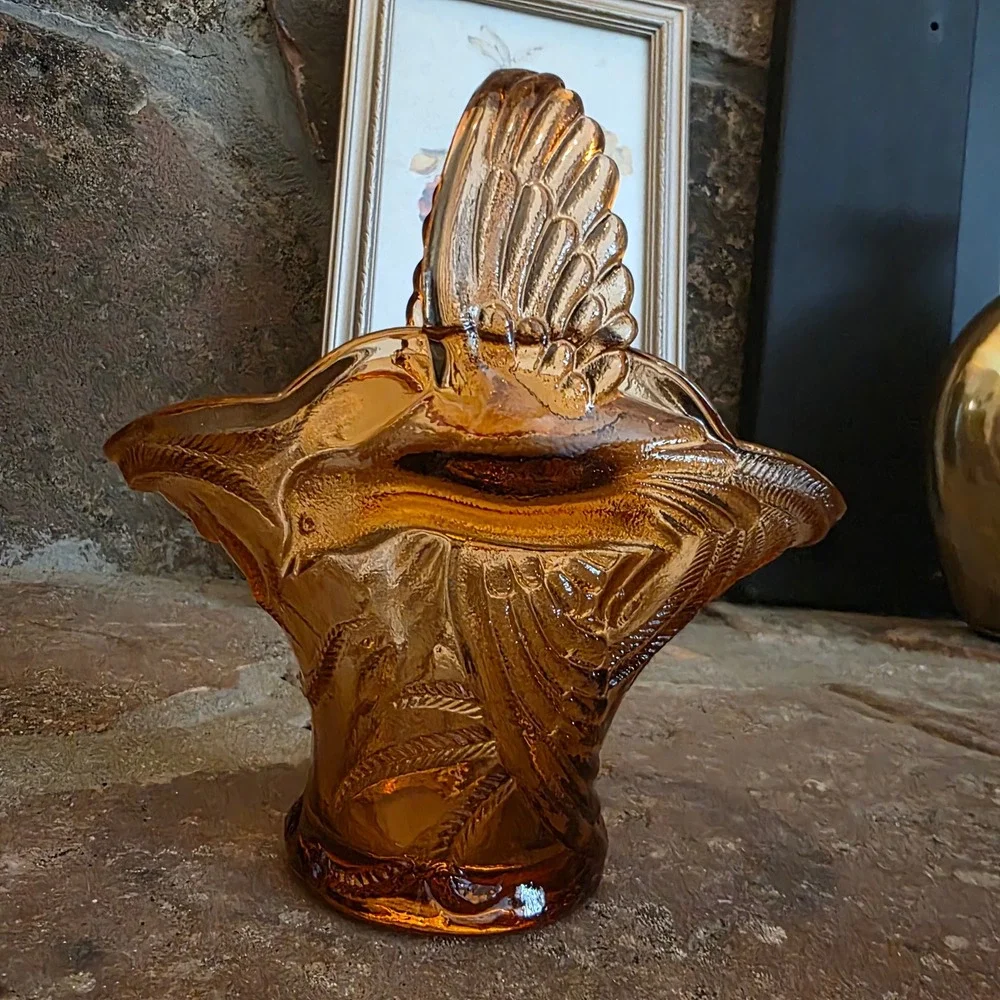 Vintage Tiara Indiana Glass Peach Empress Bird of Paradise Basket Candy Dish 7in